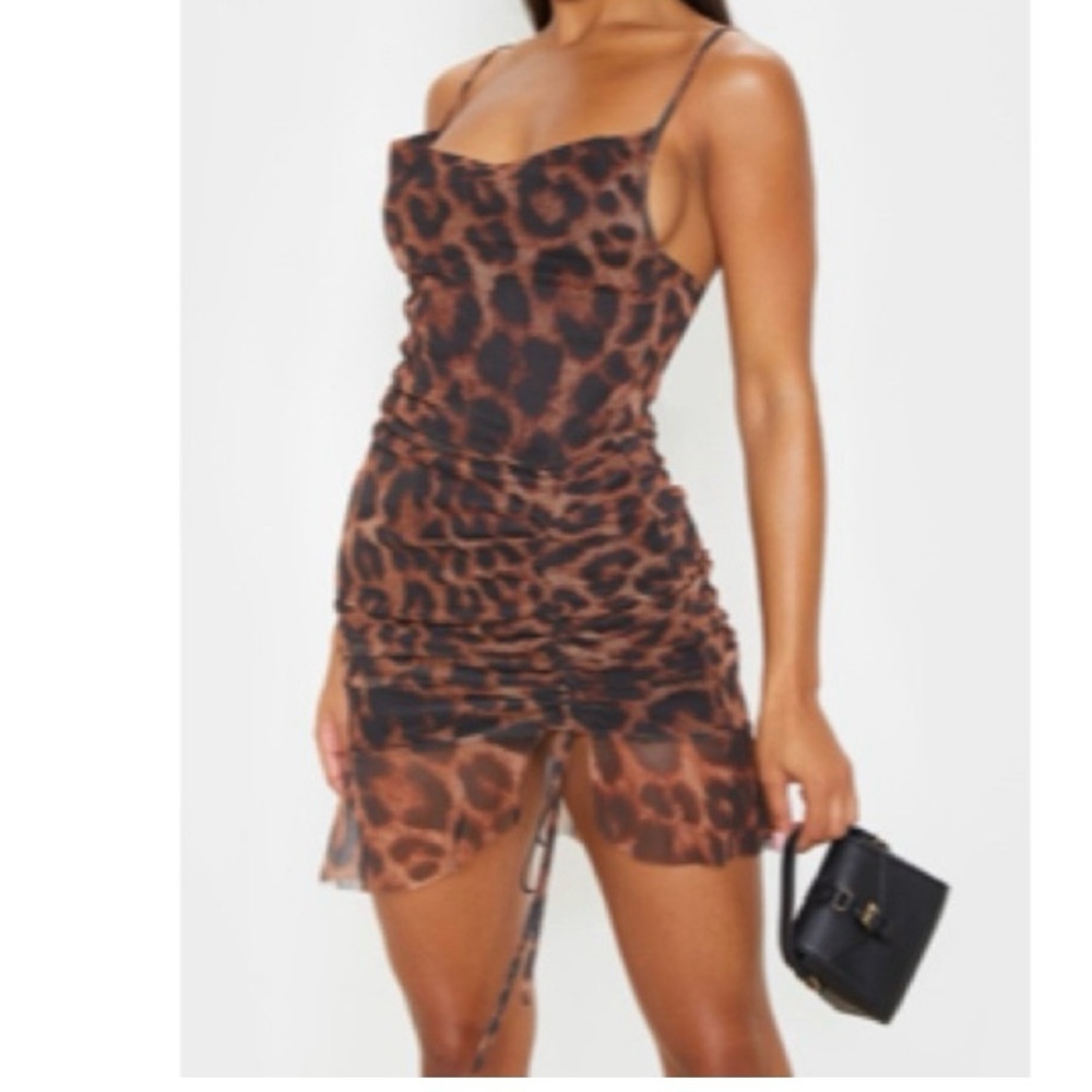 $12 DRESS SALE! PrettyLittleThing Leopard Print Ruched Mini Bodycon Dress- Sz SM